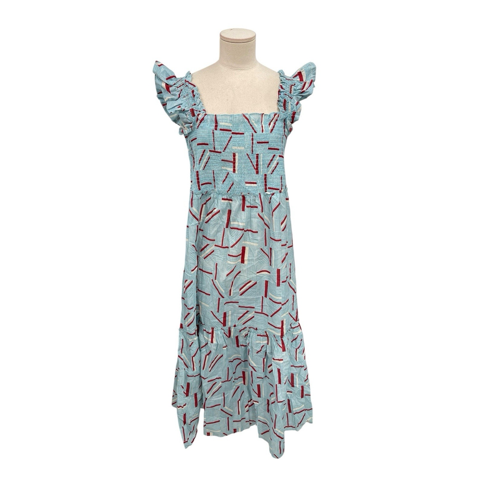 Tuckernuck Rory Dress Flutter Sleeve Smocked Bodice Lightweight Blue Red Size XL