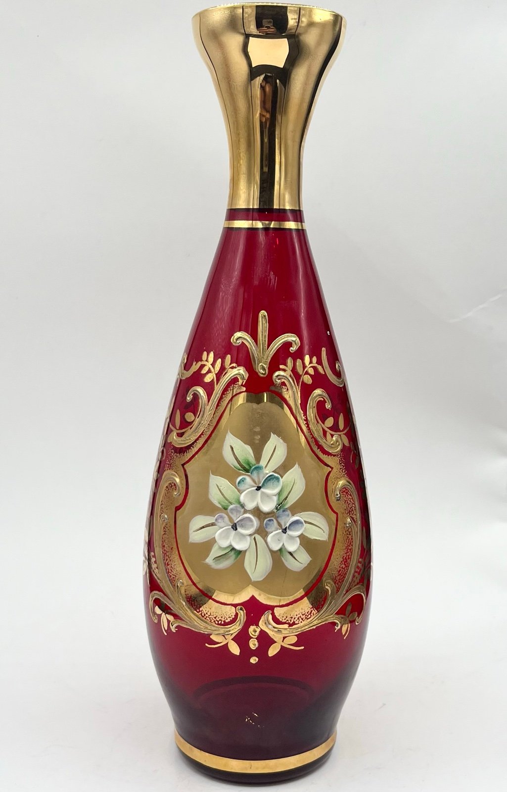 VTG Moser Bohemia Glass Red Bud Vase With Gold Overlay 9.25” Floral Handpainted