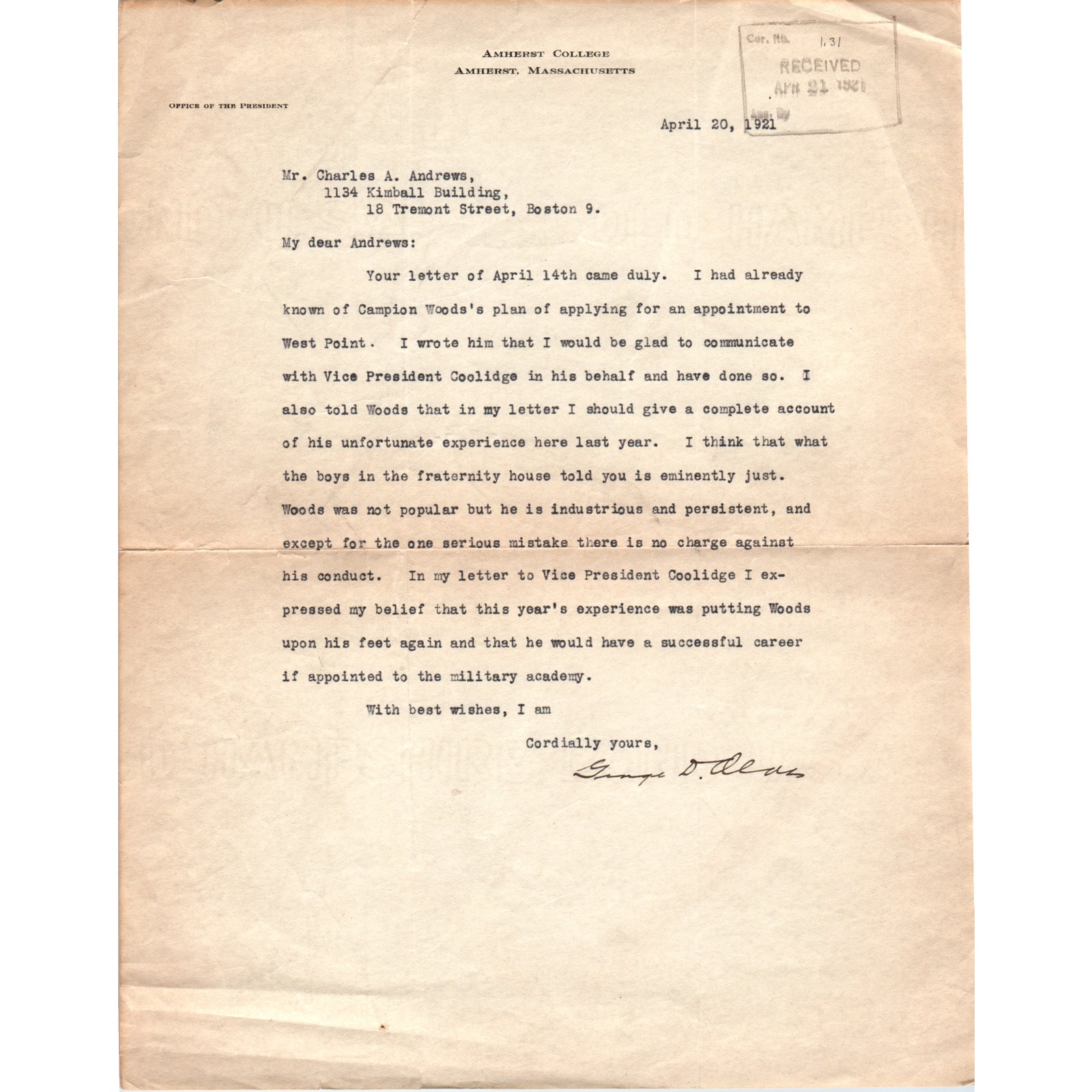 1921 Amherst College Letterhead to Mr. Charles A. Andrews D18