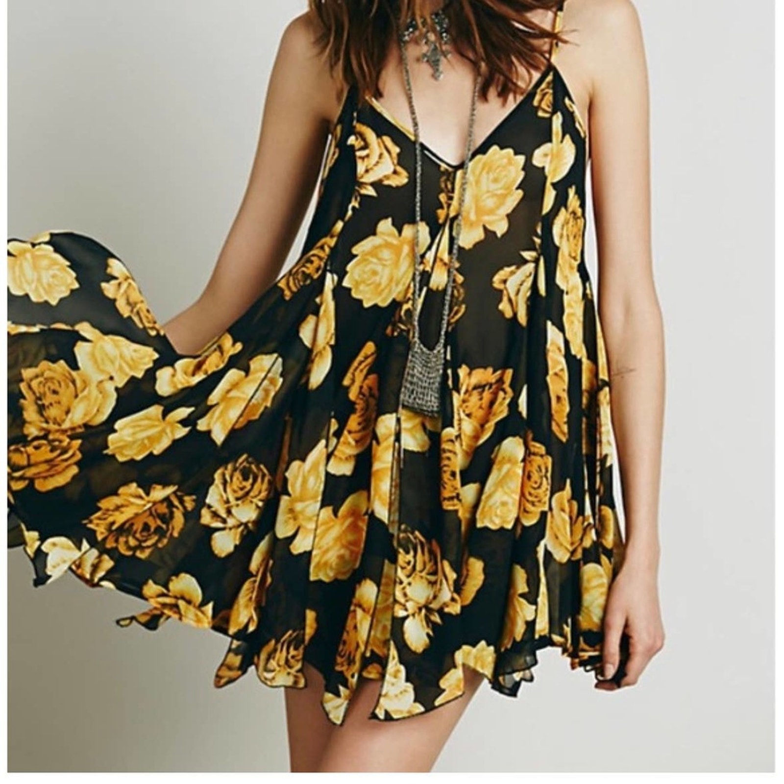 Free People Alyson Rose Black & Yellow Sheer Dress tunic flowy XS blouson tunic
