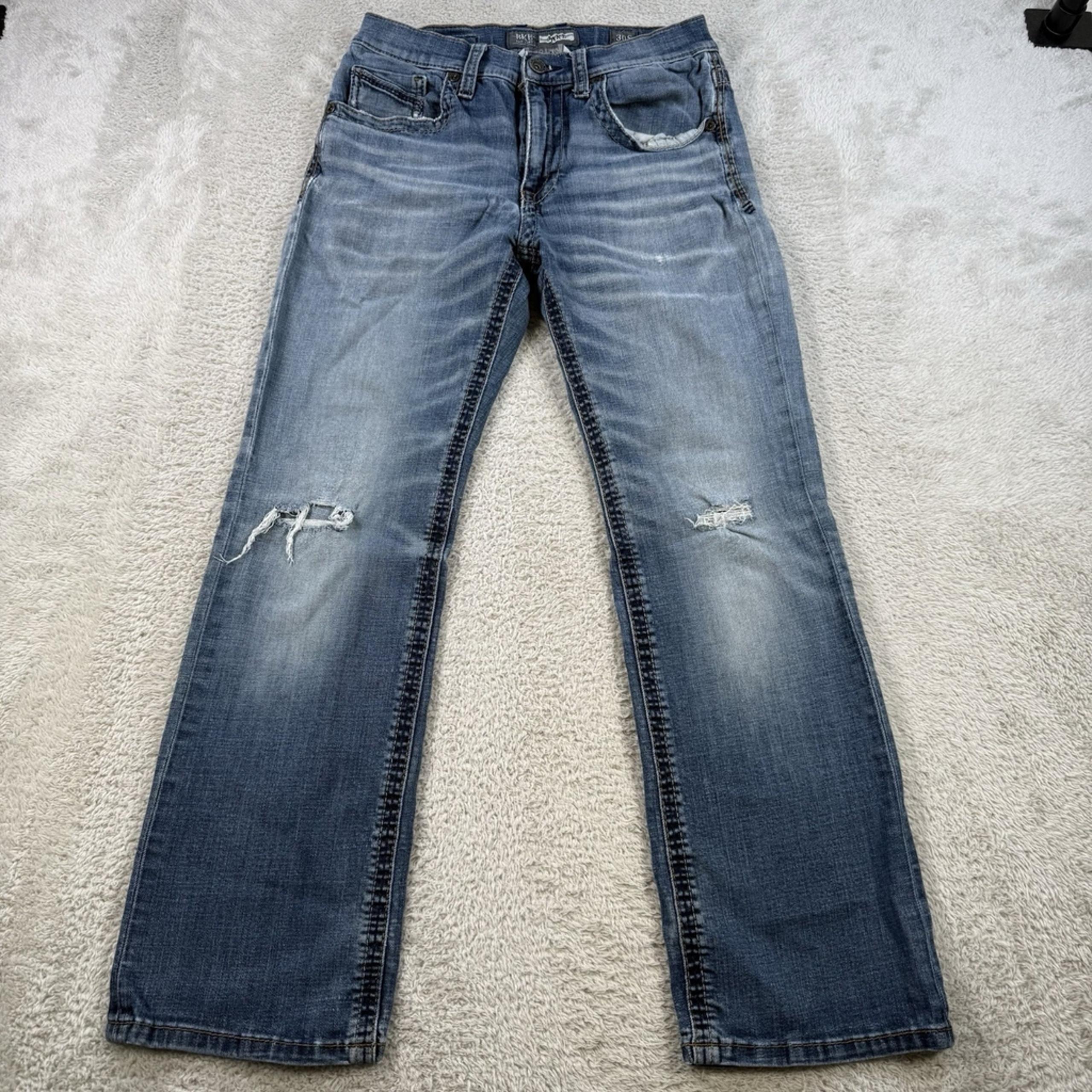 Buckle BKE Jake Jeans Mens 30S (29x28) Blue Bootleg Stretch Denim Distressed