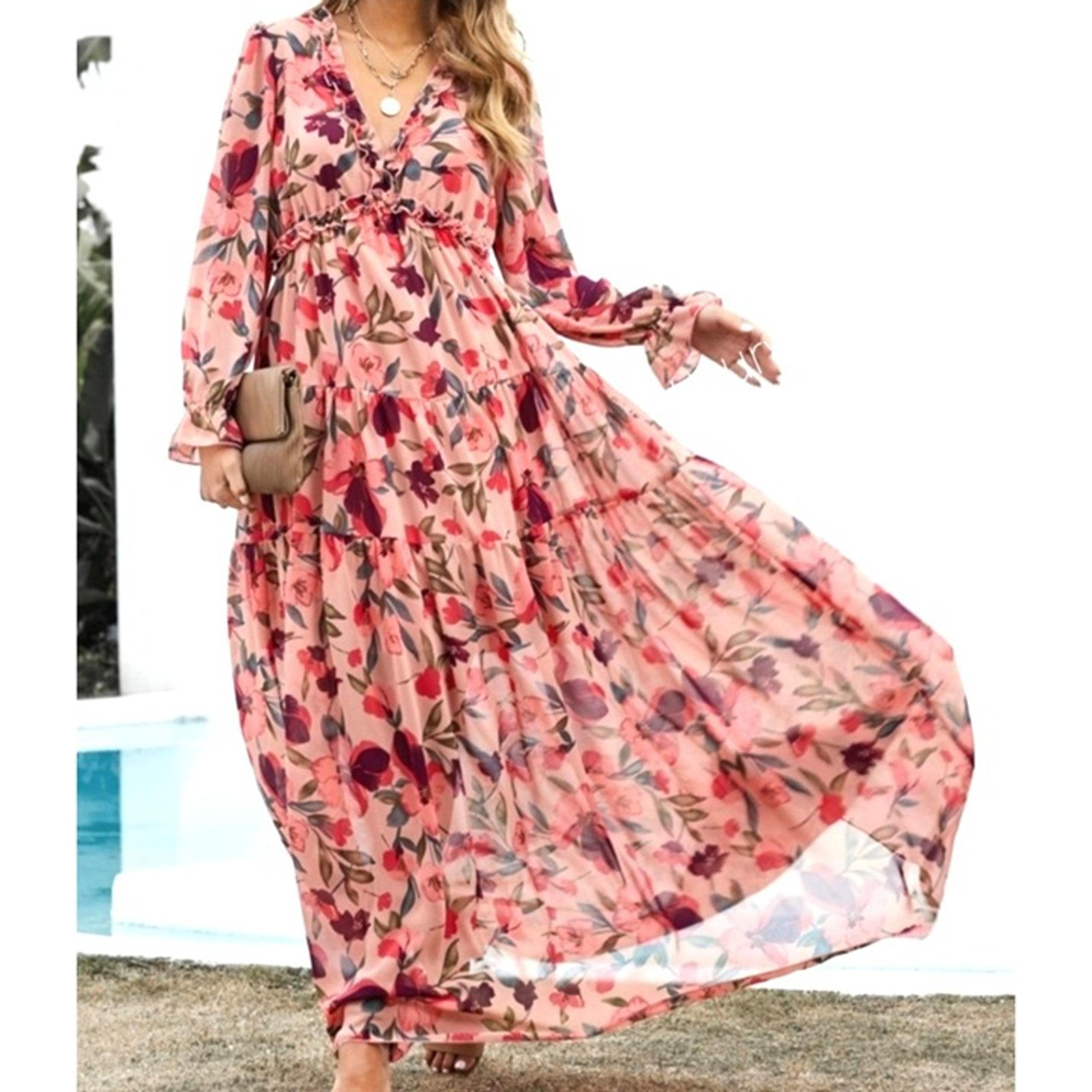 Bright Floral Tiered Lightweight Long Sleeve Ruffle Retro Maxi Dress Pink Large