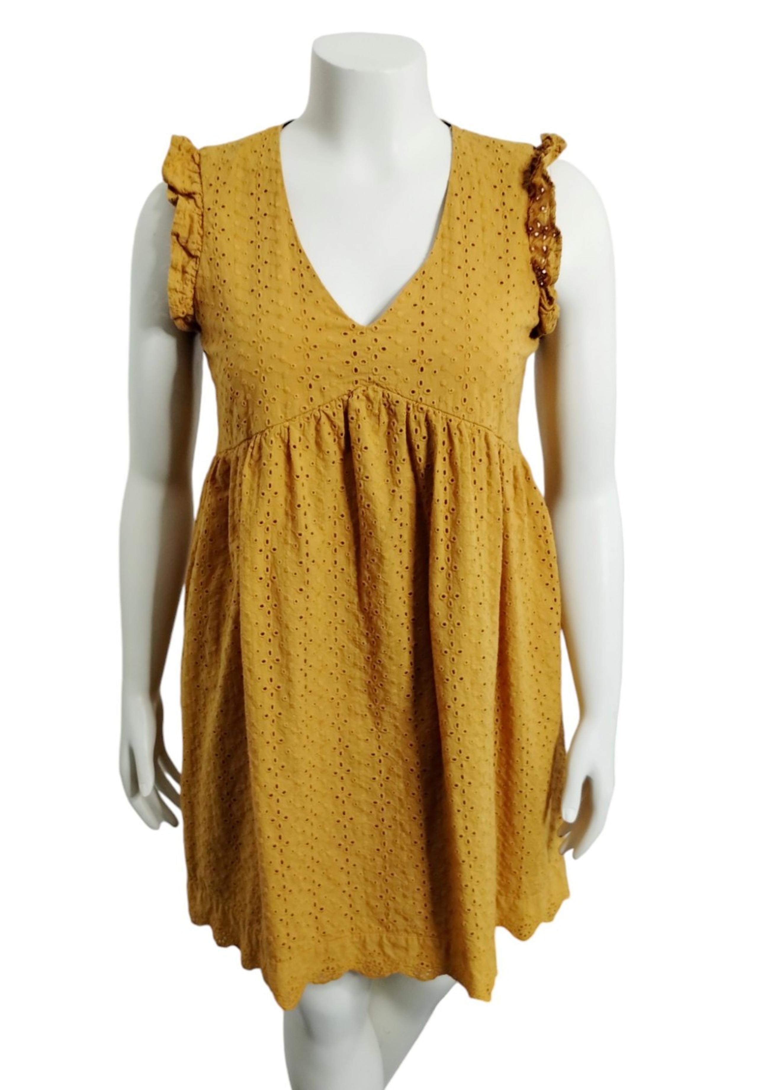 Knox Rose Womens Medium Dress Mustard Ruffle Short Sleeve Eyelet Cottagecore