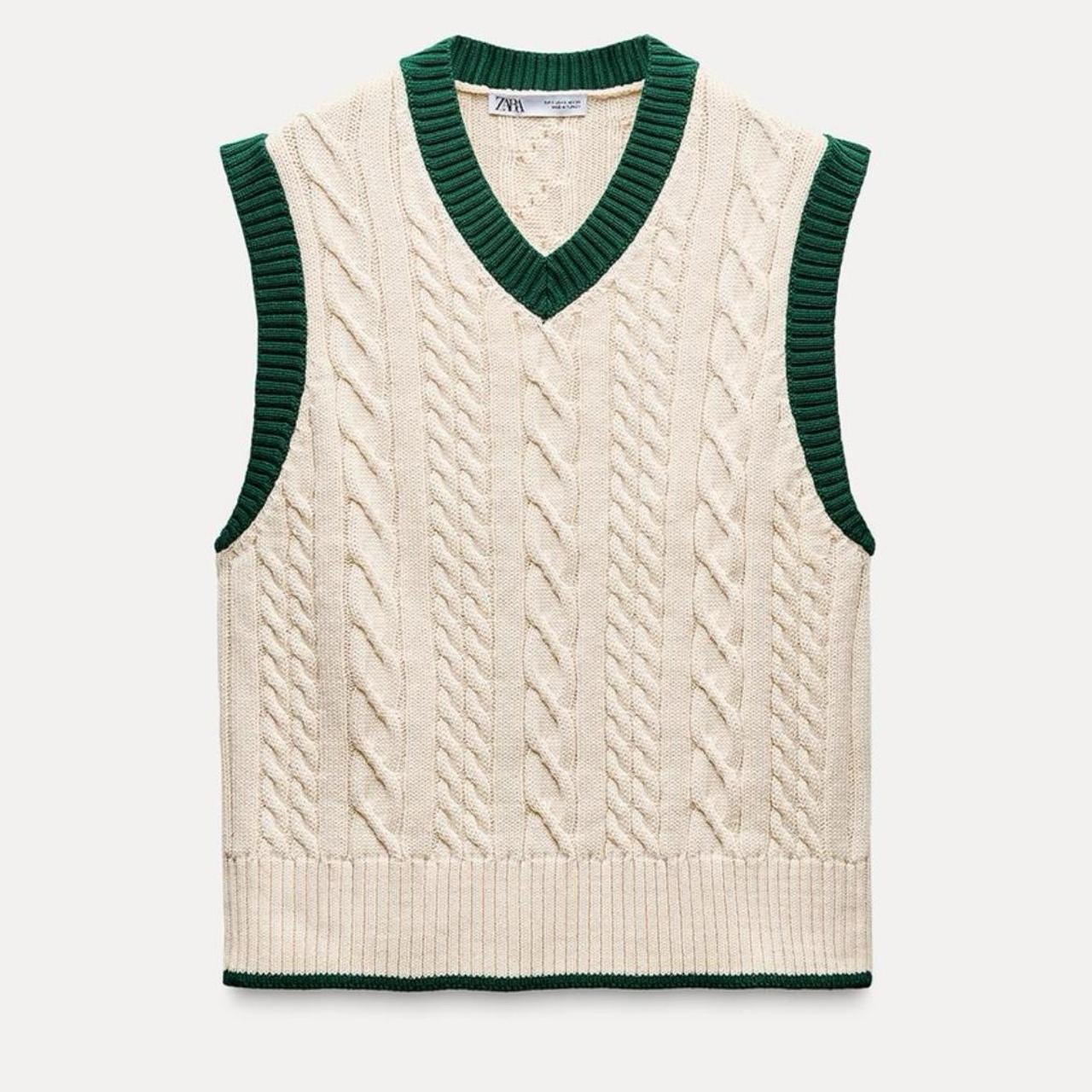 NWT Zara Cable Knit Varsity Sweater Vest in Cream/Green - XS