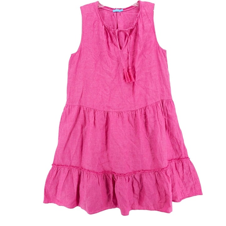 J. McLAUGHLIN Pink 100% Linen Christa Dress Tasseled Tiered Pockets Size MEDIUM