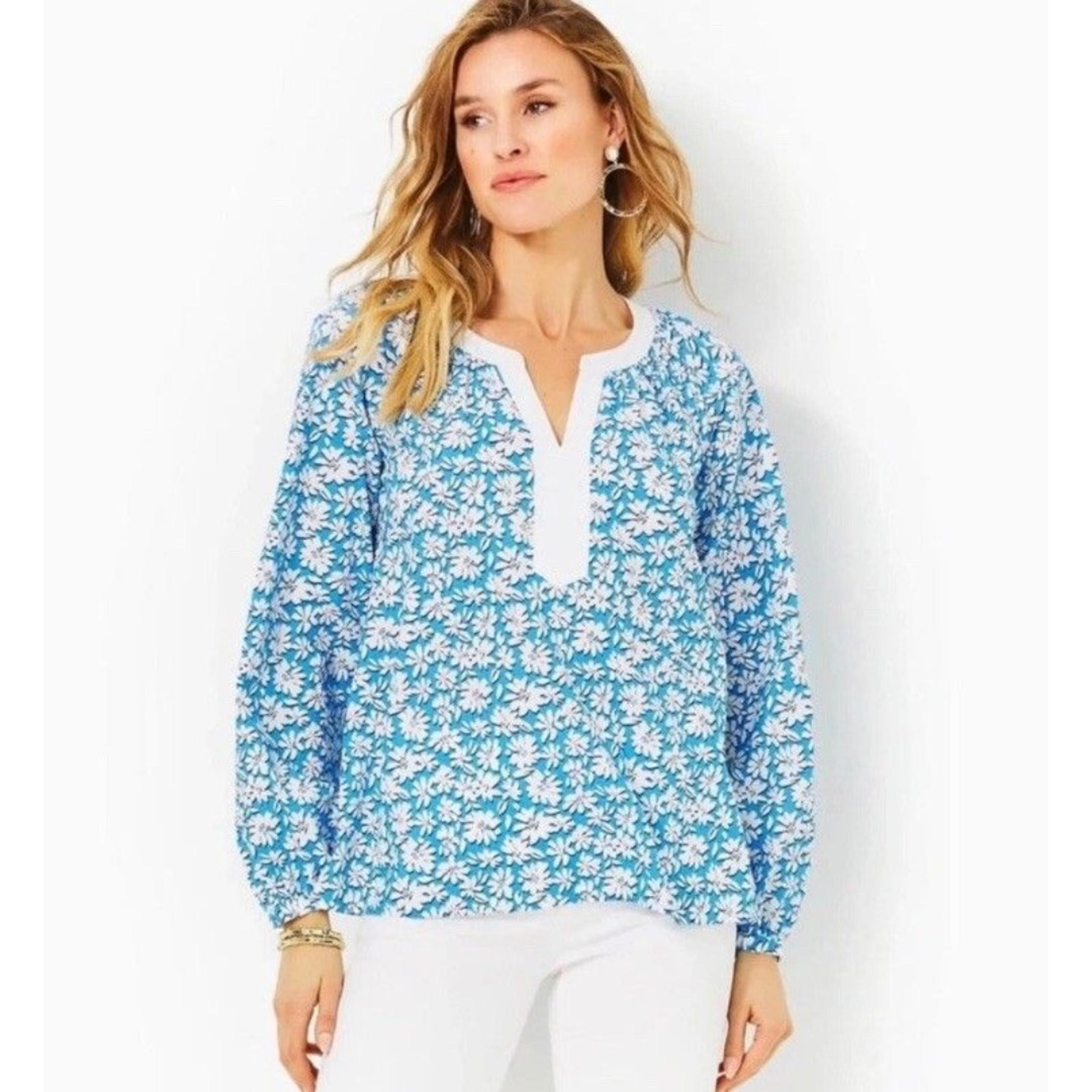 NWT Lilly Pulitzer Women's Camryn Tunic Shirt, Lunar Blue Palm Beach Petals Lg