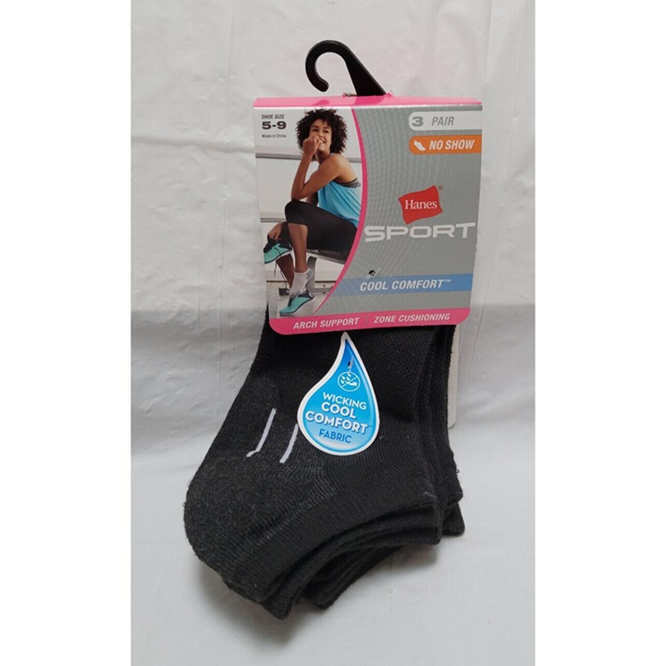 Hanes Sport 3-Pair Womens No Show Socks Black Size 5-9 Cool Comfort Cushioning