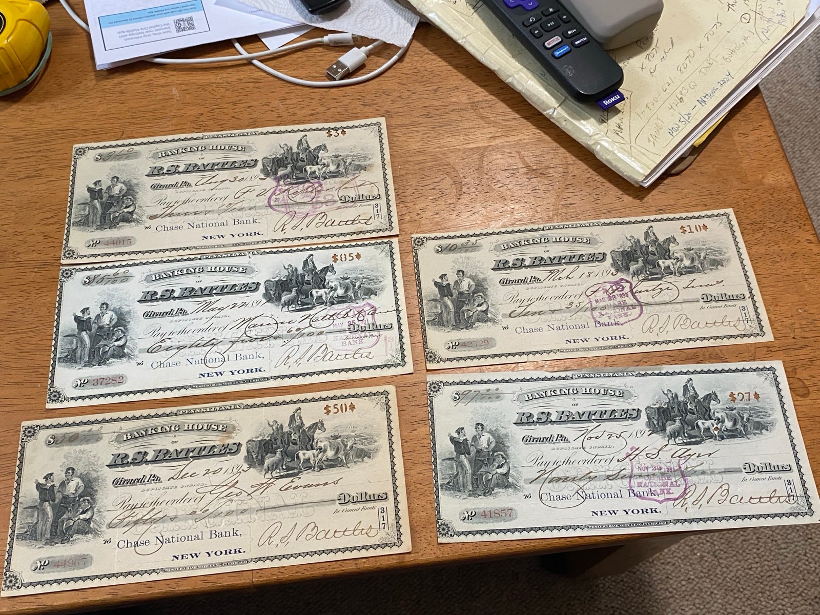 Lot of 5 1891-94 Chase Jumbo National Bank “Cowboy” bank checks, R.L. Battles