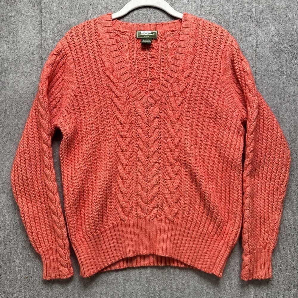 Eddie Bauer Cable Knit Sweater Womens L Coral pink Angora Knit Pullover V Neck