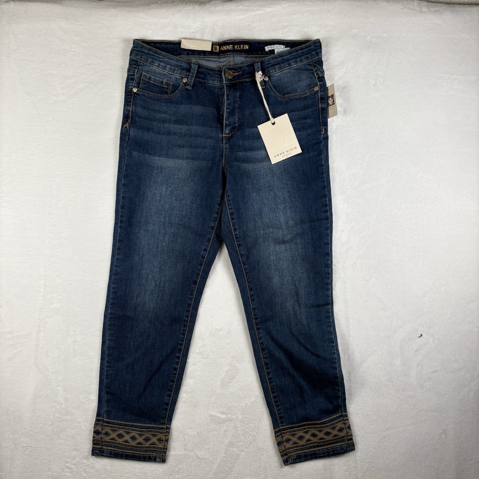 Anne Klein Skinny Ankle Pants Women's Size 8P Mid Rise Embroidered Hem Slimming