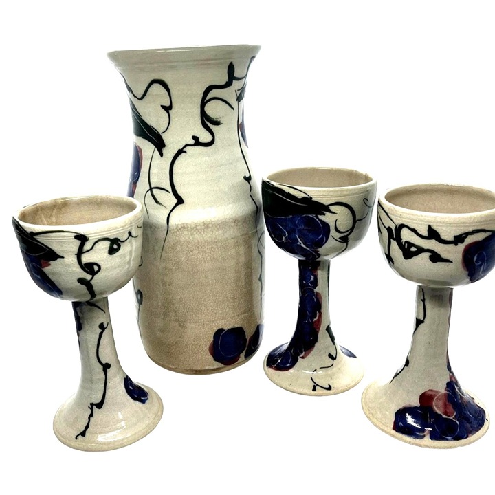 Hand Thrown Studio Pottery Goblets and Carafe Set Blue Grapes & Vines Ren Fair