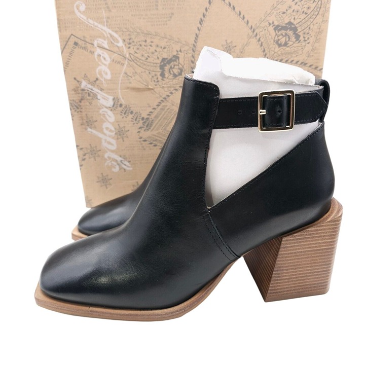FREE POEPLE Brady Buckle Shoeboot Black Leather Cut Out Squared Size 39 US 9 NIB