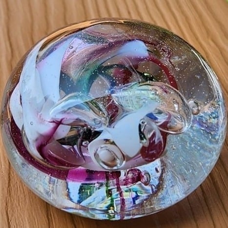 Handblown Abstract Swirl Fizzy Bubbles Glass Paperweight Green Red Blue & White