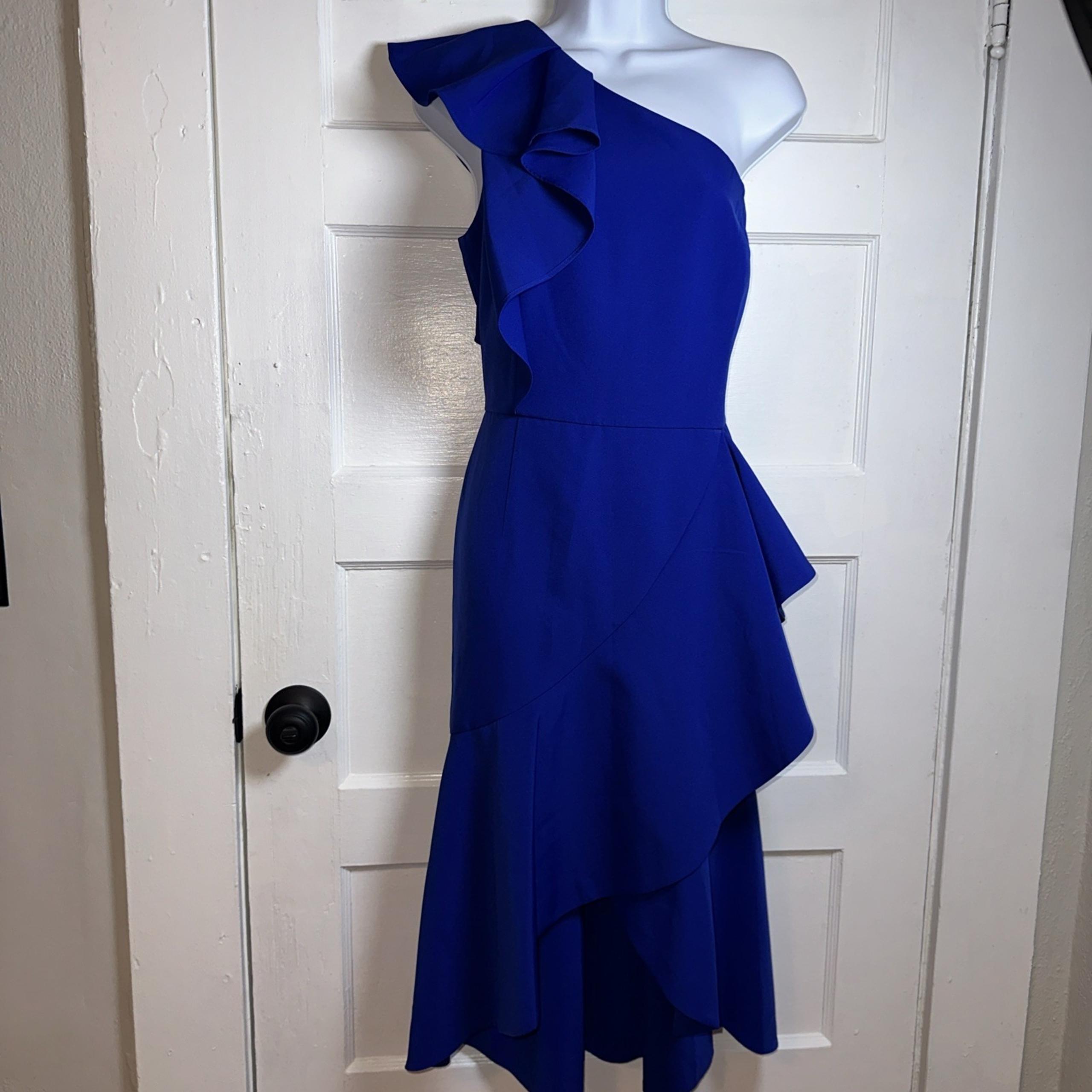 Women's Vince Camuto One Shoulder Blue Ruffle Cocktail Dress Hi Lo Hem Sz 14p