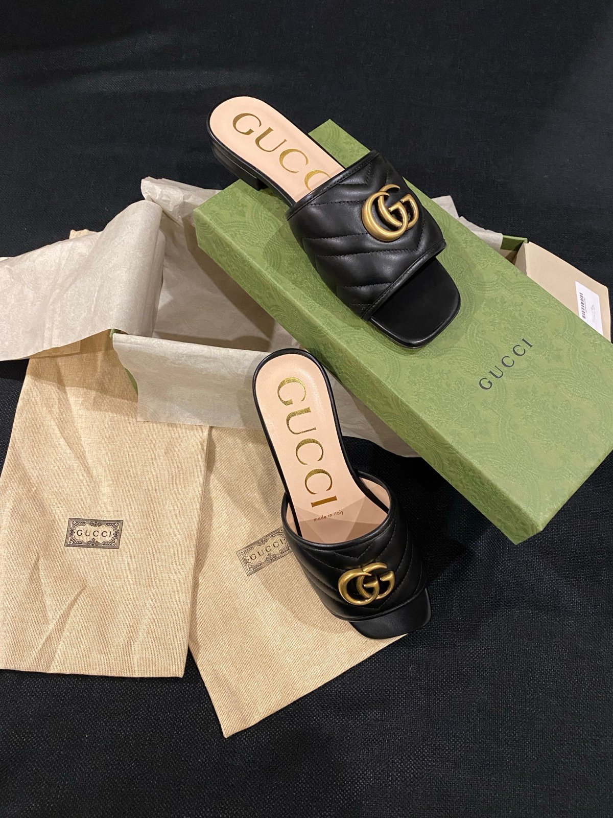 New GUCCI black leather slides