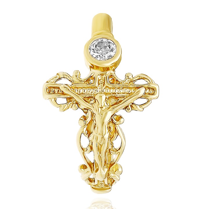 10K Yellow Gold Simulated Diamond Band Cross Jesus Crucifix Ring