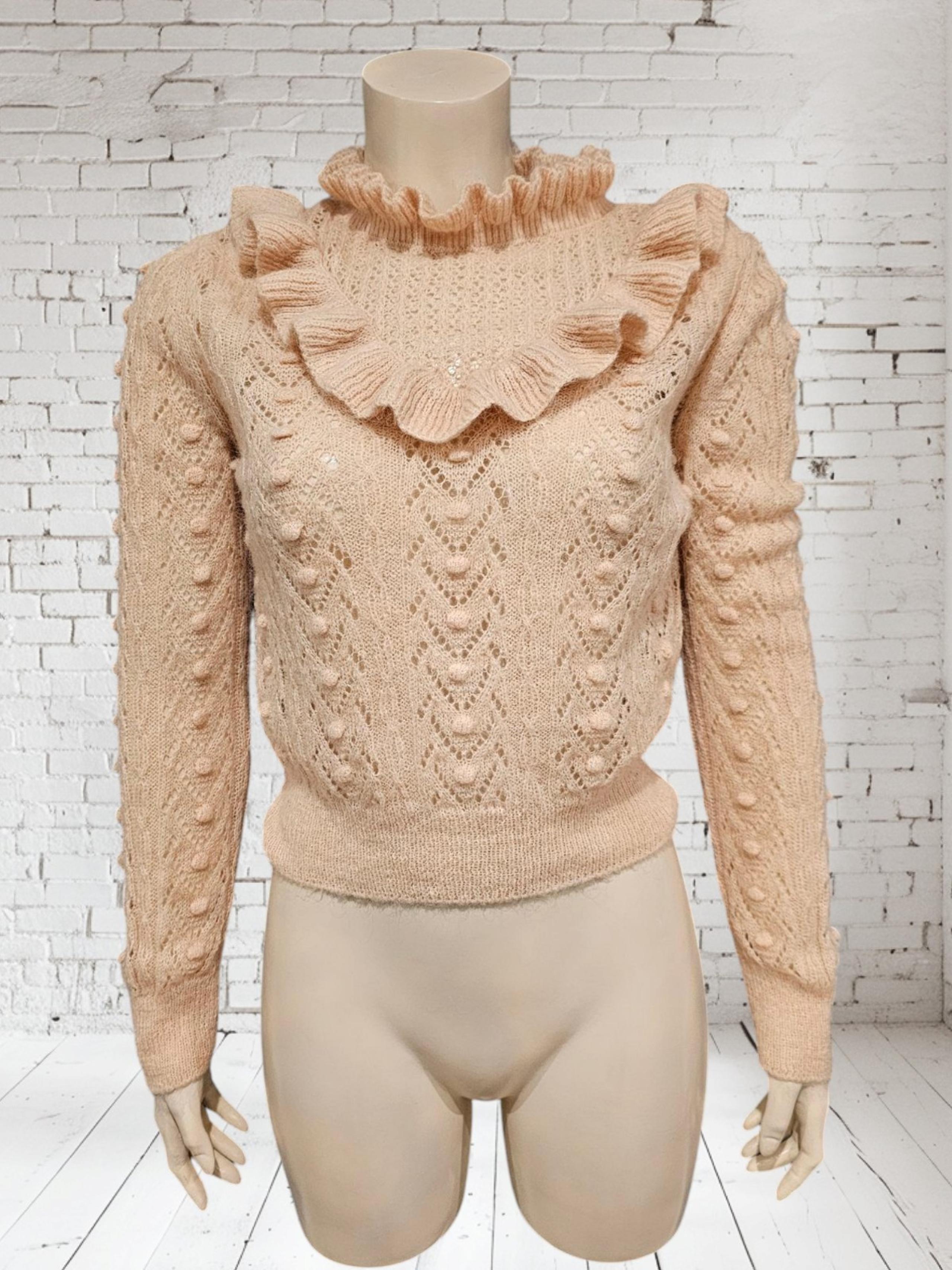 Mohair Blend Ruffle High Neck Bib Collar Knit Sweater in Pale Pink Sz L - ZARA