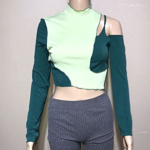Romwe asymmetrical colors of green ribbed futurecore dark academia blouse sz S Romwe asymmetrical colors of green ribbed futurecore dark academia blouse sz S