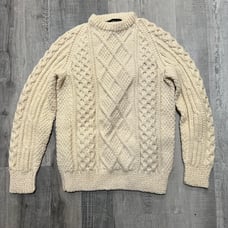 Monaghans Irish Cable Knit Ivory Beige Wool Jumper Aran Heavy Ireland Sweater
