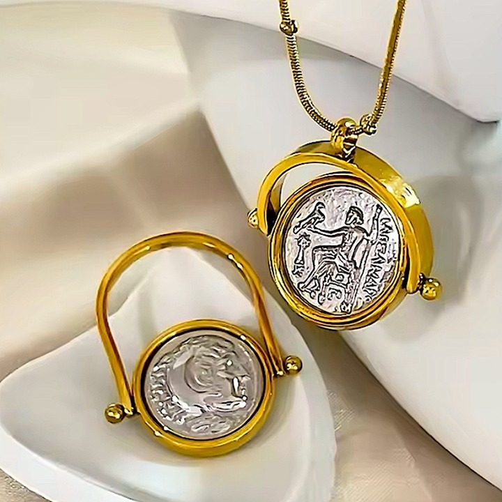 Gold Greek Roman Signet Necklace Ring Double Sided Disc God…