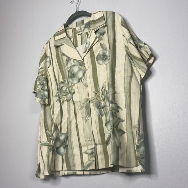 Tommy Bahama XL Silk Button Down Shirt Tropical Floral Print Green Cream