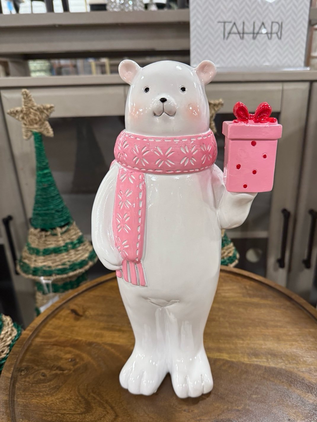 CHRISTMAS POLAR BEAR WEARING A PINK SCARF, HOLDING A PRESENT  COQUETTE BOW