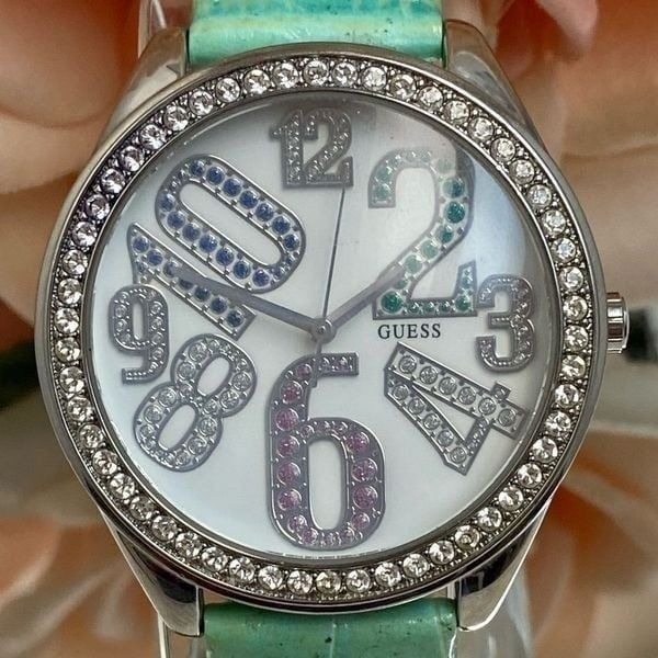 Guess Crystal Accented Bezel and Dial Large Face Watch with Leather Strap