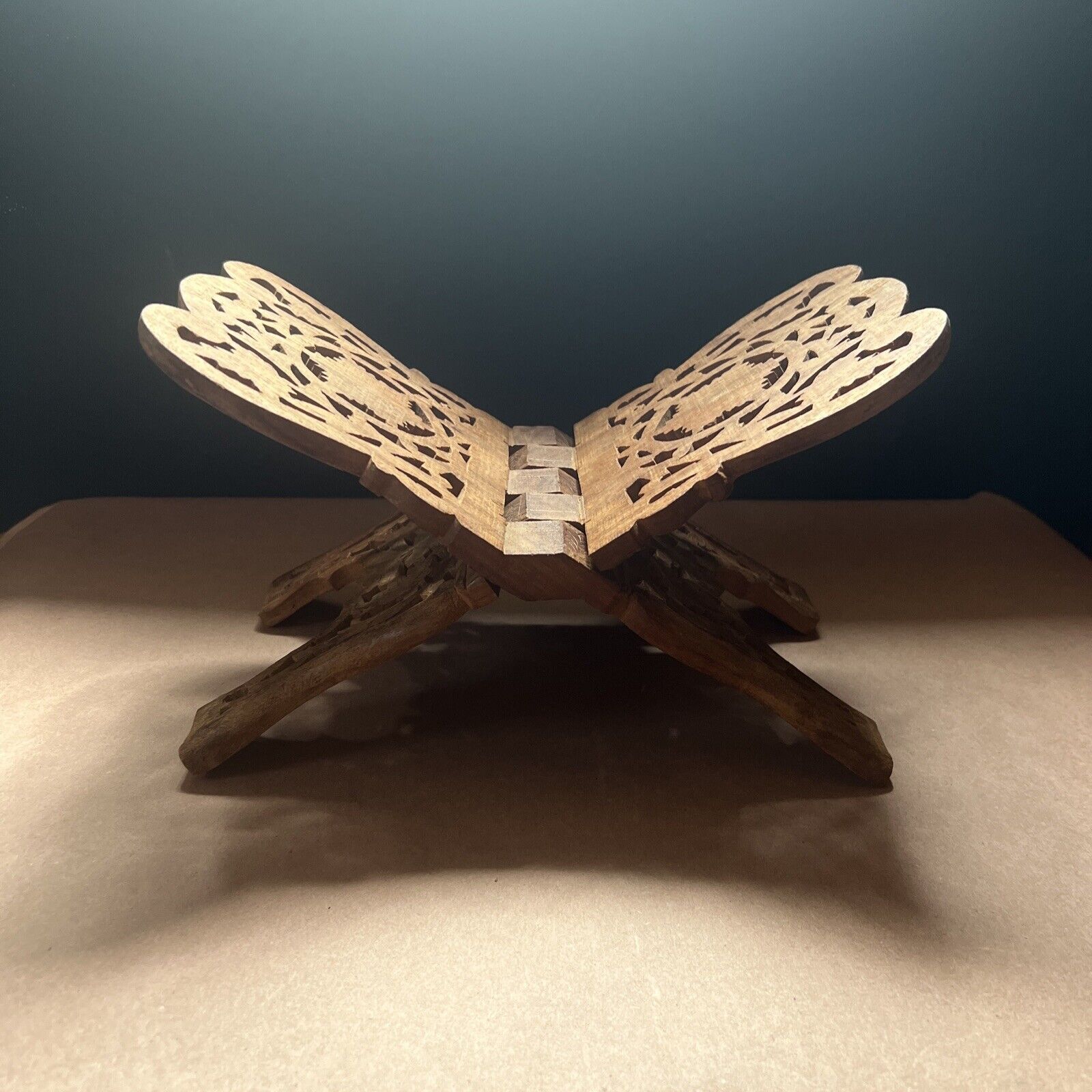 Beautiful Vintage Carved Folding Wood Book Stand Holder, India, Teak