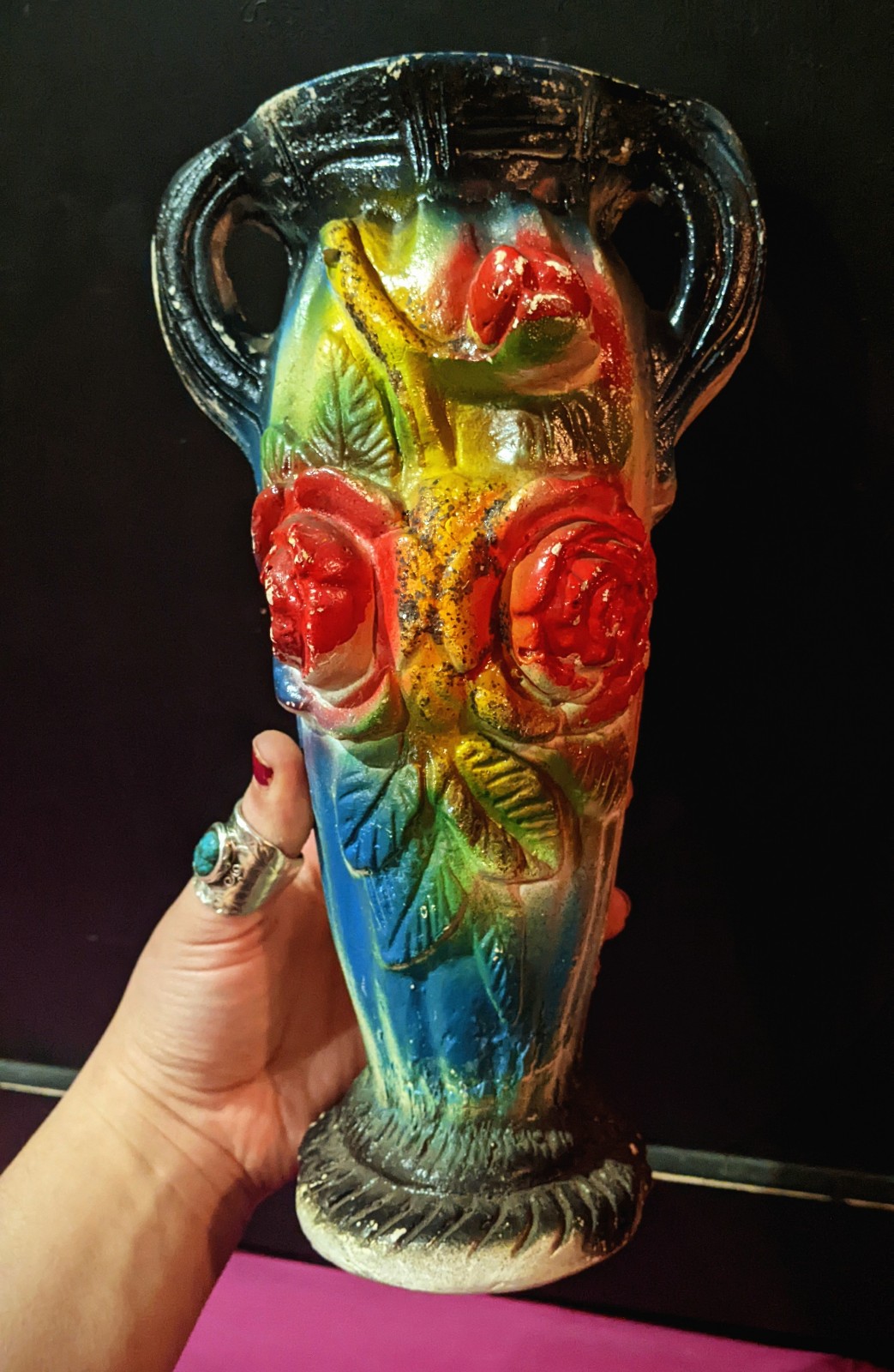 Vintage Large Chalkware Colorful Vase W Roses Mustard Yellow Bohemian Flower Vas