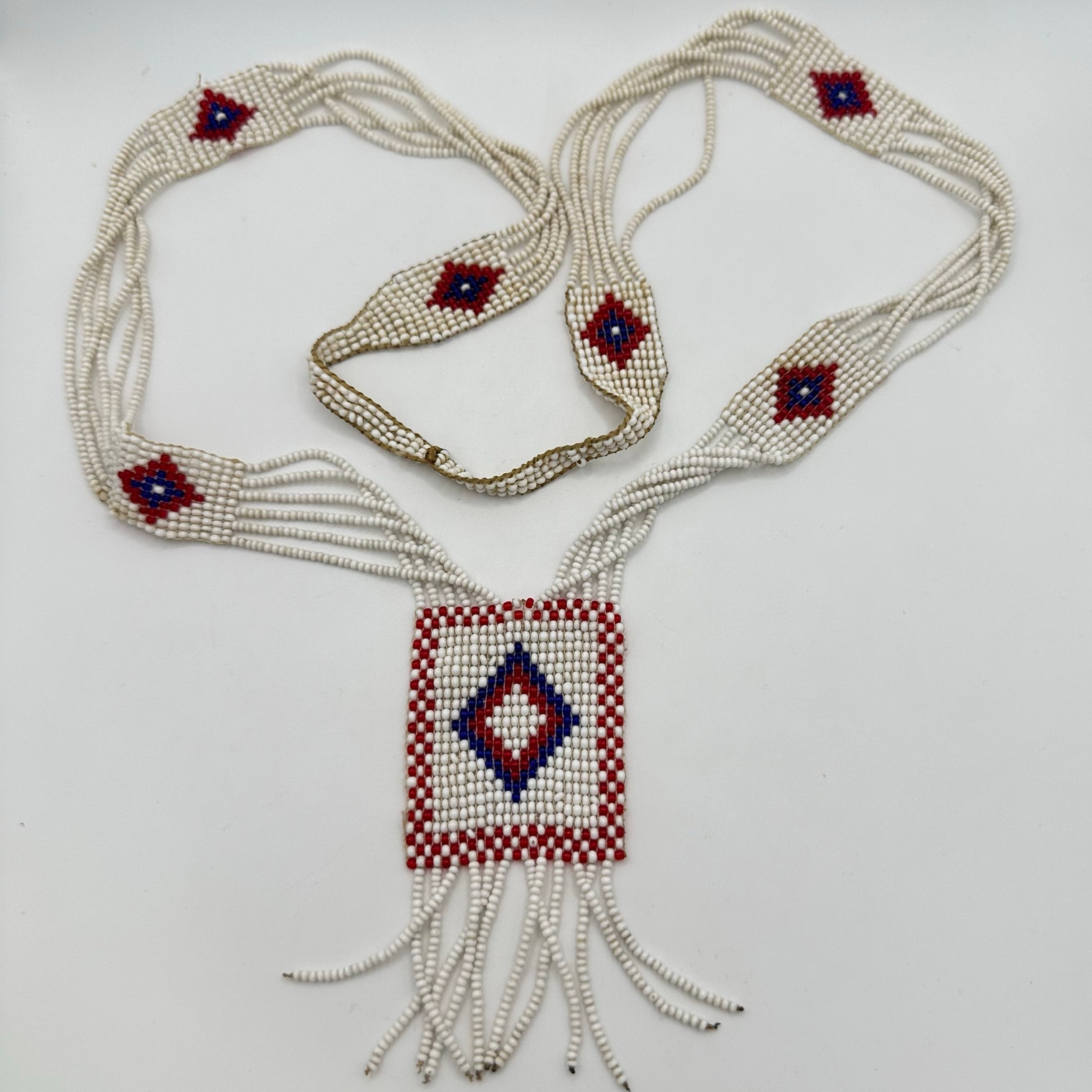 Antique Art Deco 1920s handmade red blue milk glass beads beaded tassel necklace