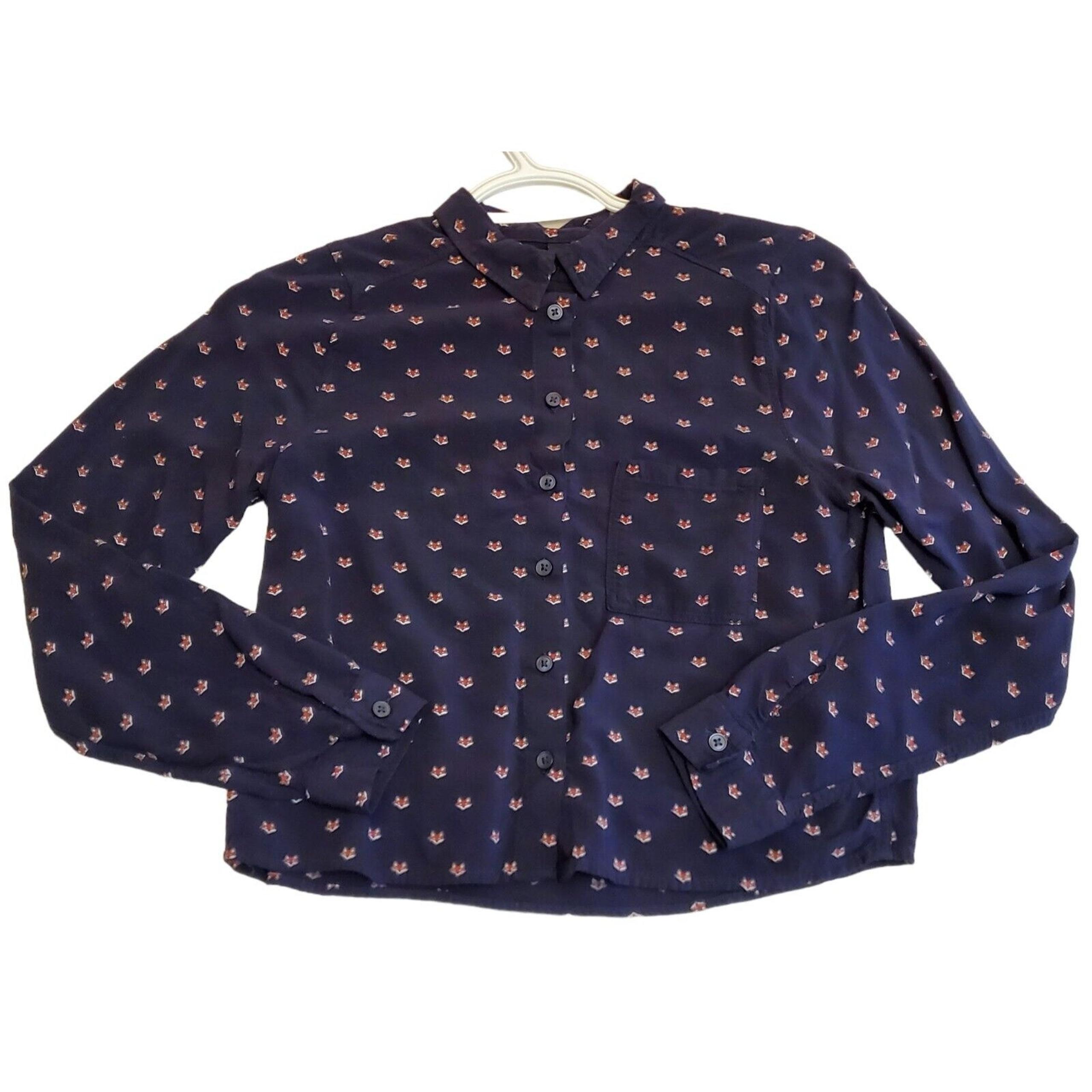 Divided Shirt Womens 6 Button Up Cropped Collar Long Sleeve Fox Blouse Top