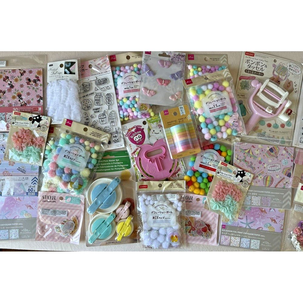 Daiso Japan Craft Supplies Lot Disney Stamps Pom Pom Maker Stickers Paper Ribbon