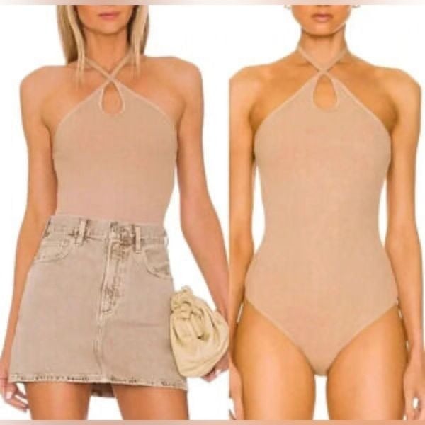 NWT Enza Costa Women’s Tan Ribbed Silk Blend Halter Keyhole Bodysuit - Size XS -