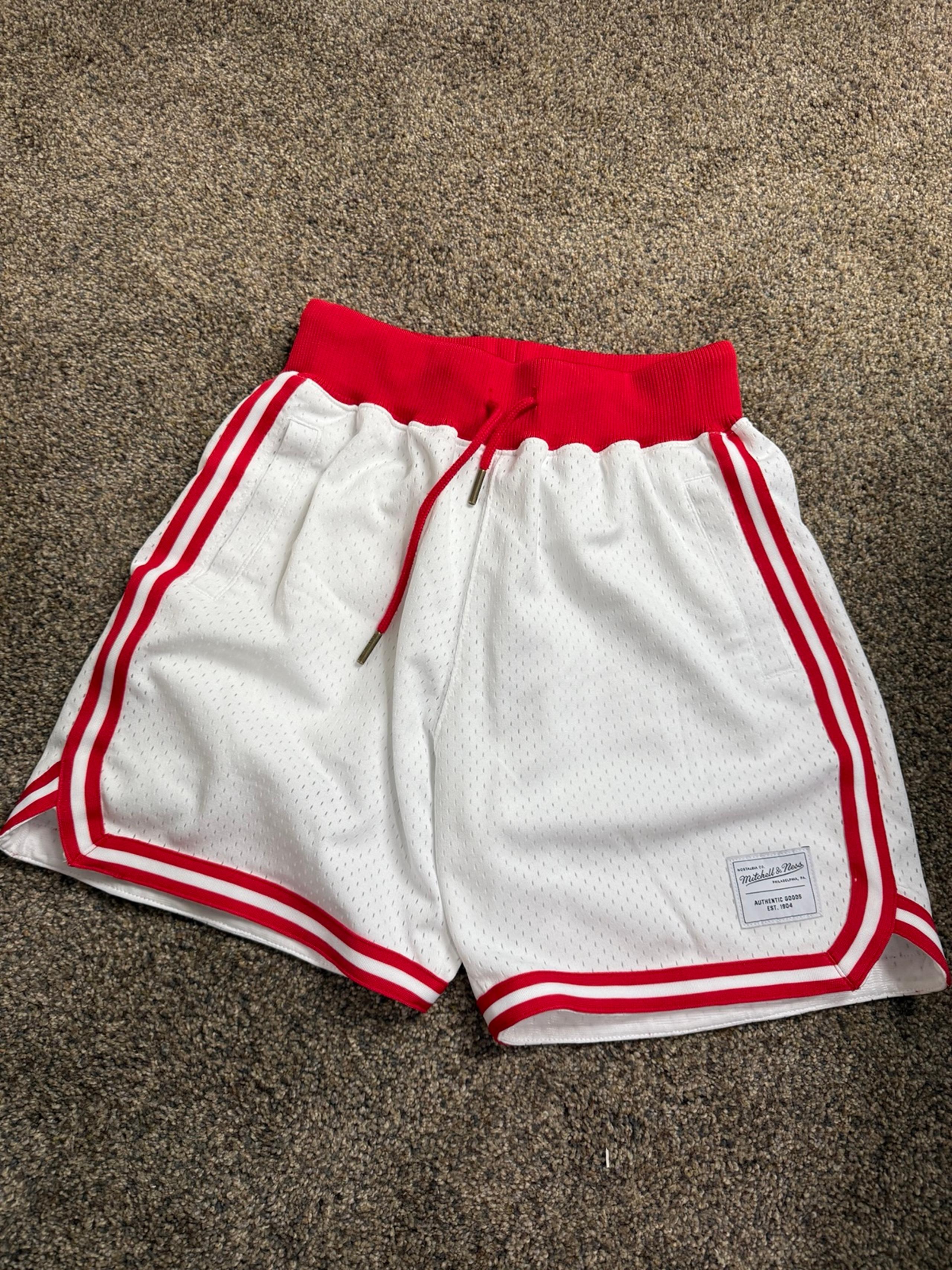 men’s red and white mitchell and ness shorts
