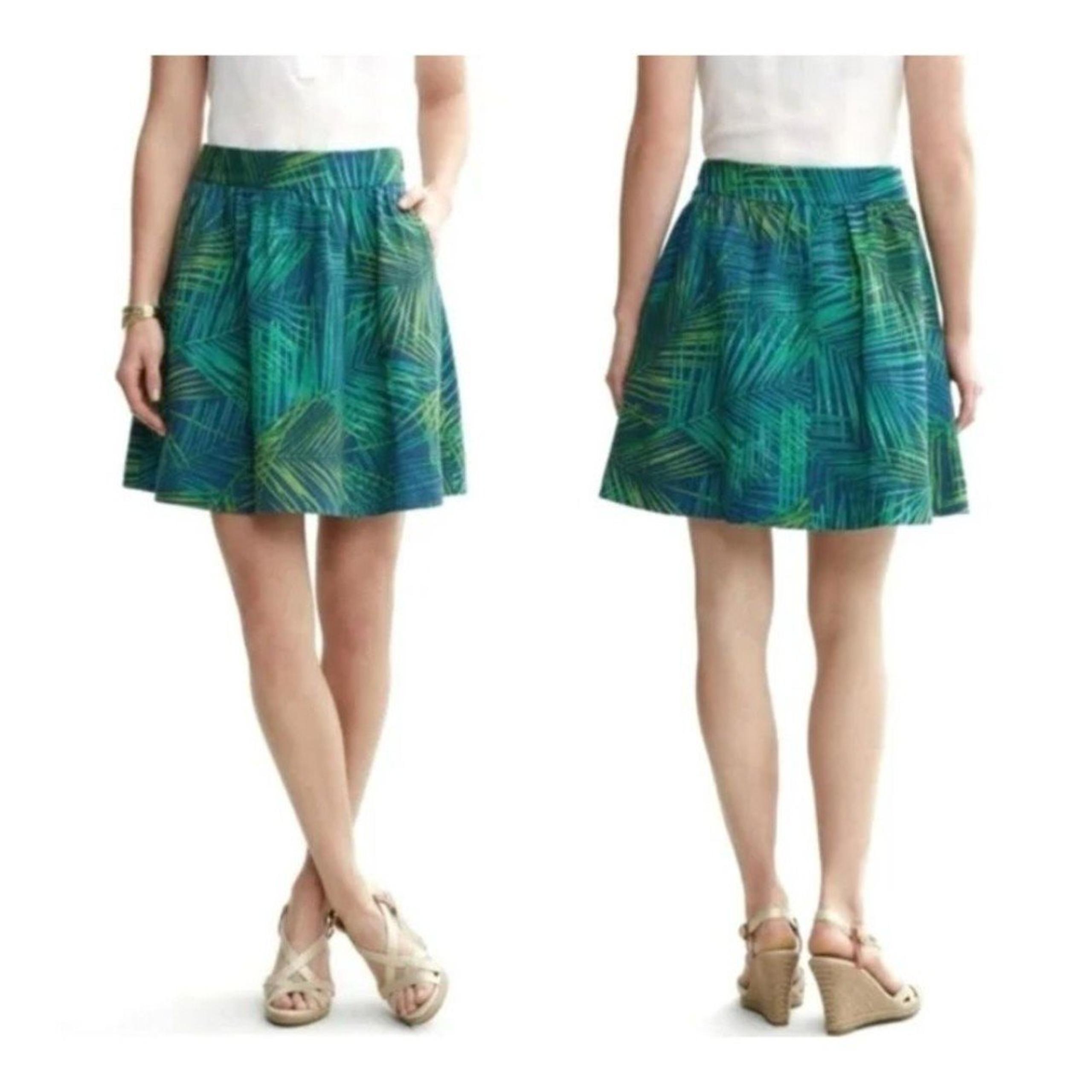 Banana Republic Mythic Blue Topical Palm Print Linen Blend A-Line Mini Skirt 14