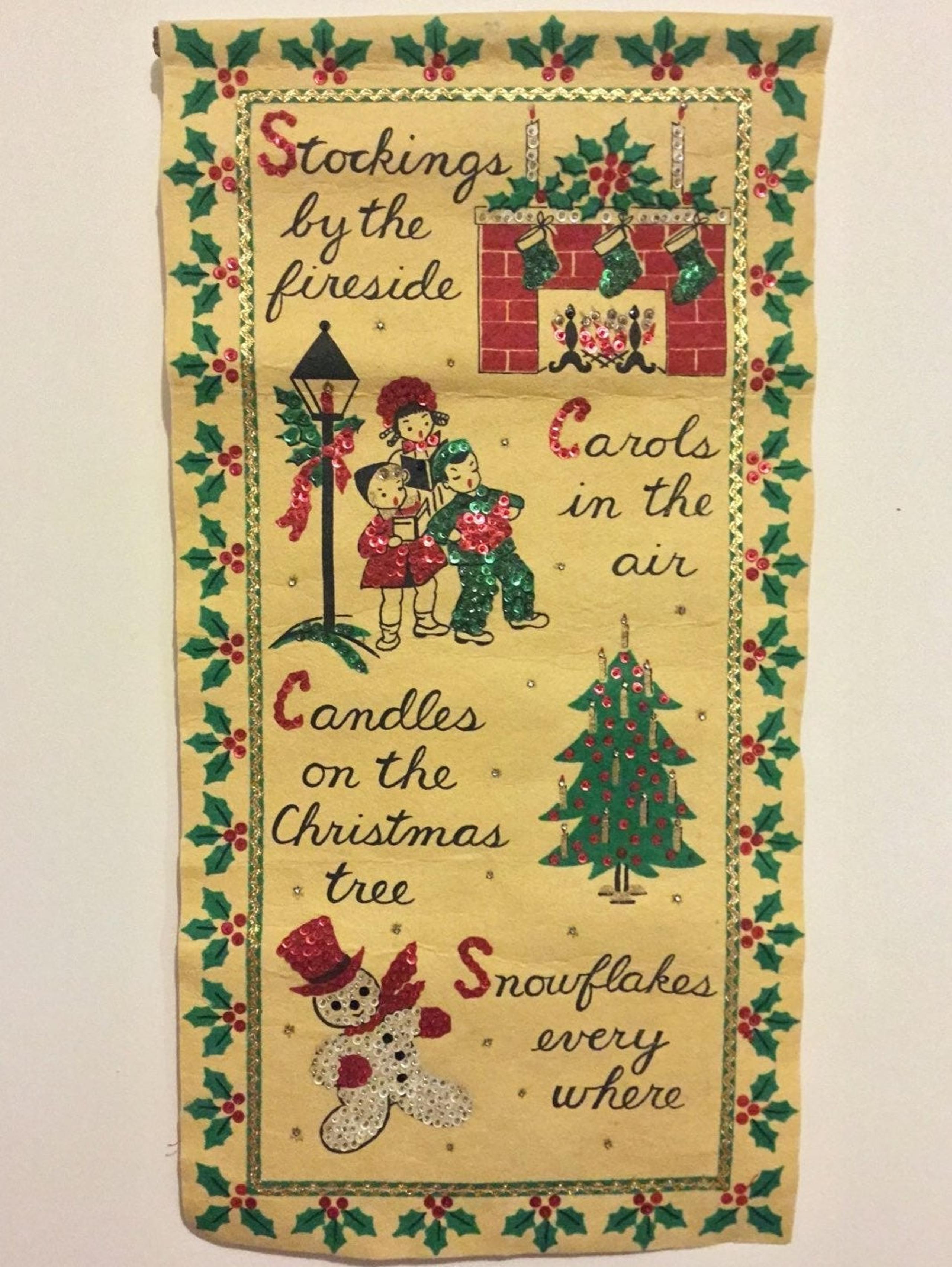 Vtg Mid Century Christmas Linen Banner