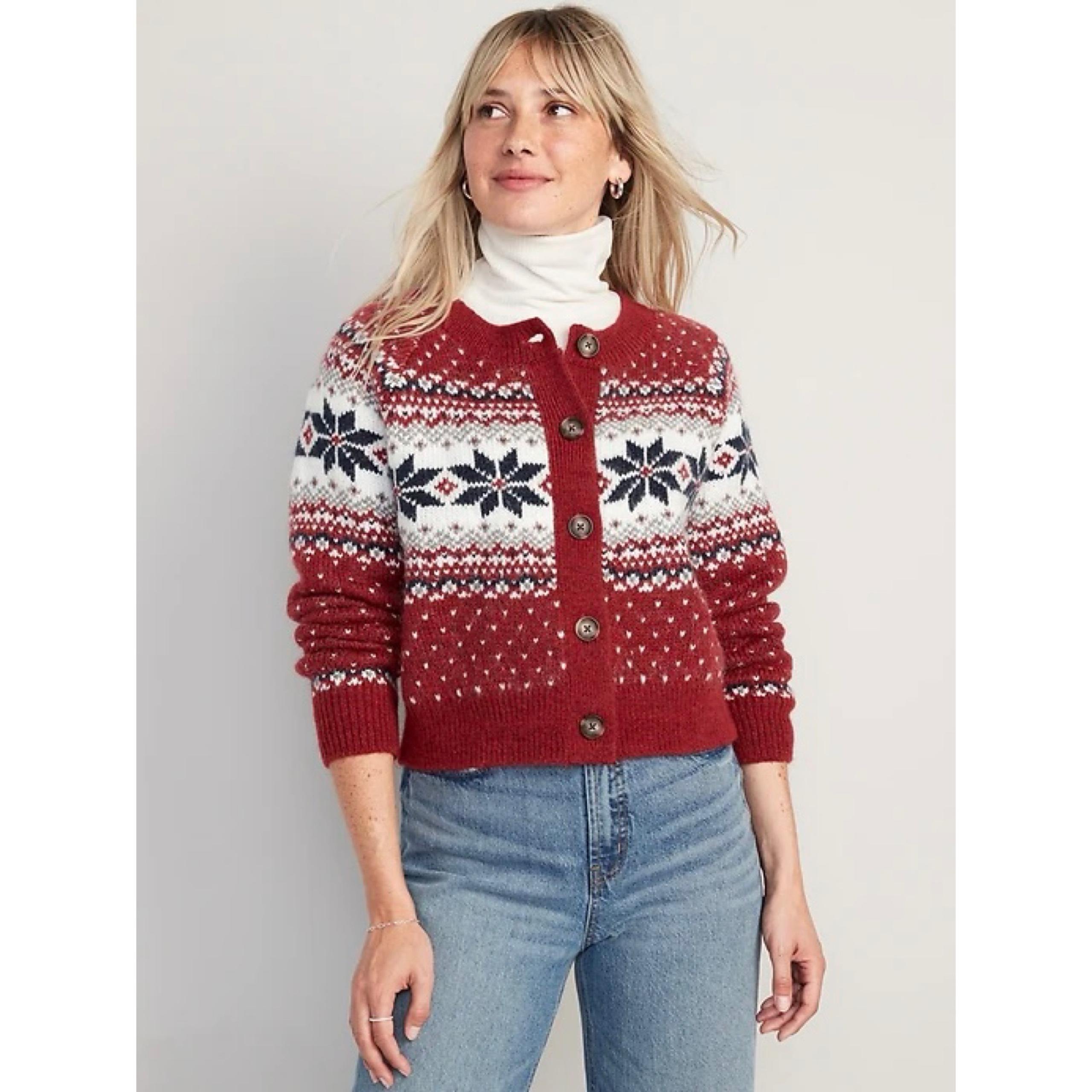 NWT Old Navy red fair isle print wool blend button-up cardigan sweater (XS)