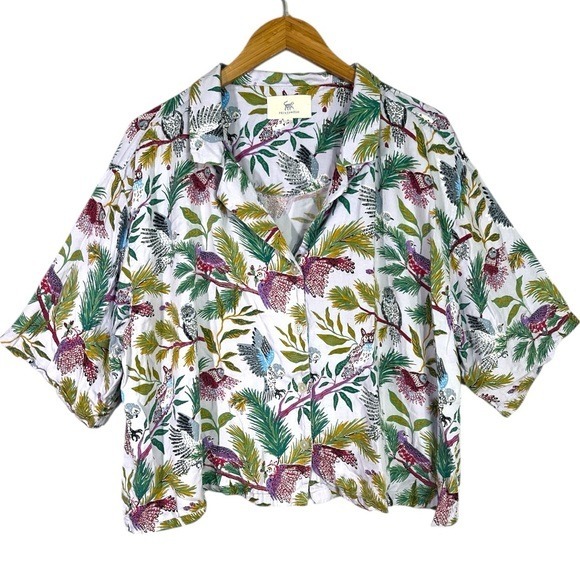 Printfresh Short Sleeve V-Neck Button Front Pajama PJ Top Bird, Owl, Tree Print