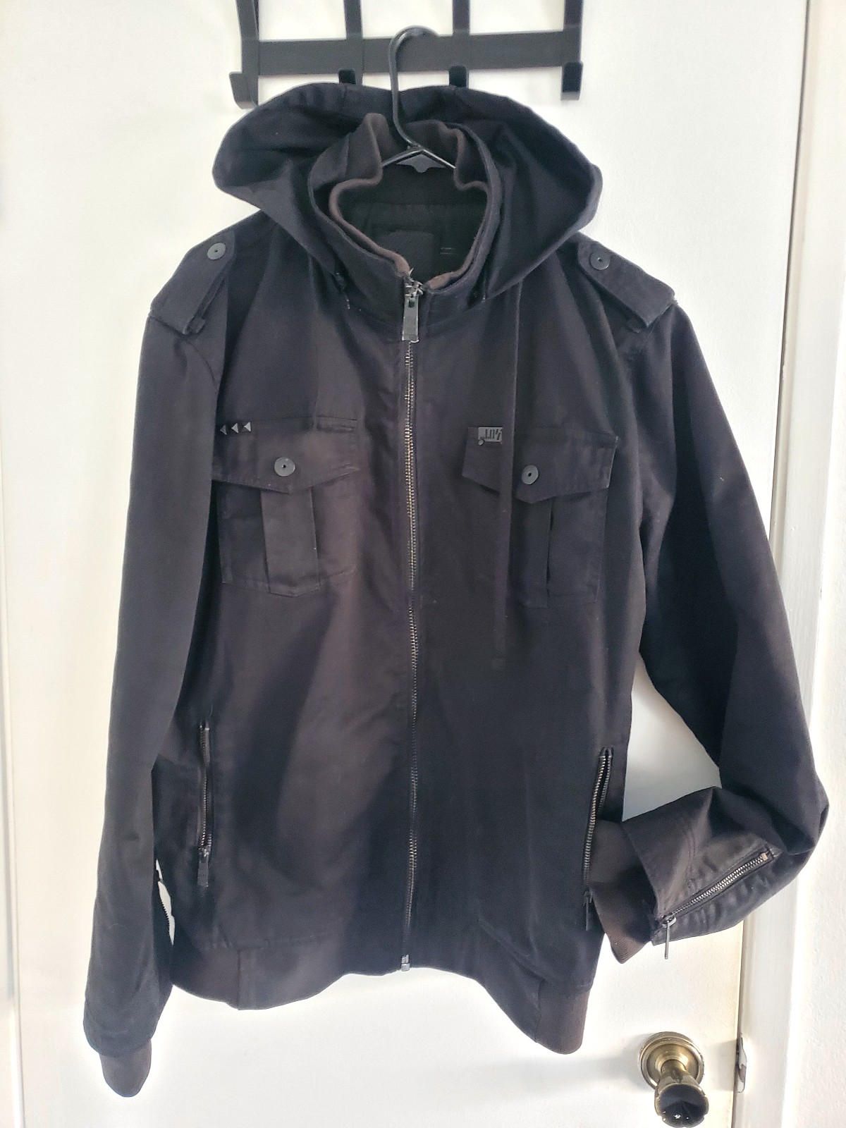 Vntg Lost Enterprises Dysfunctional Military Hooded Jacket Men XL Black Full Zip
