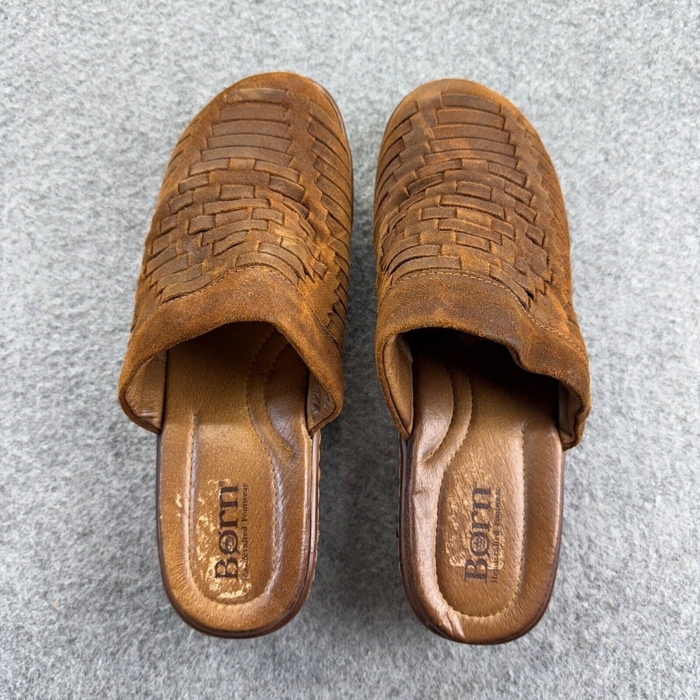 Born Women's Brown Leather Woven Mule Slip-On Clogs Comfort Shoes Size 9 / 40.5