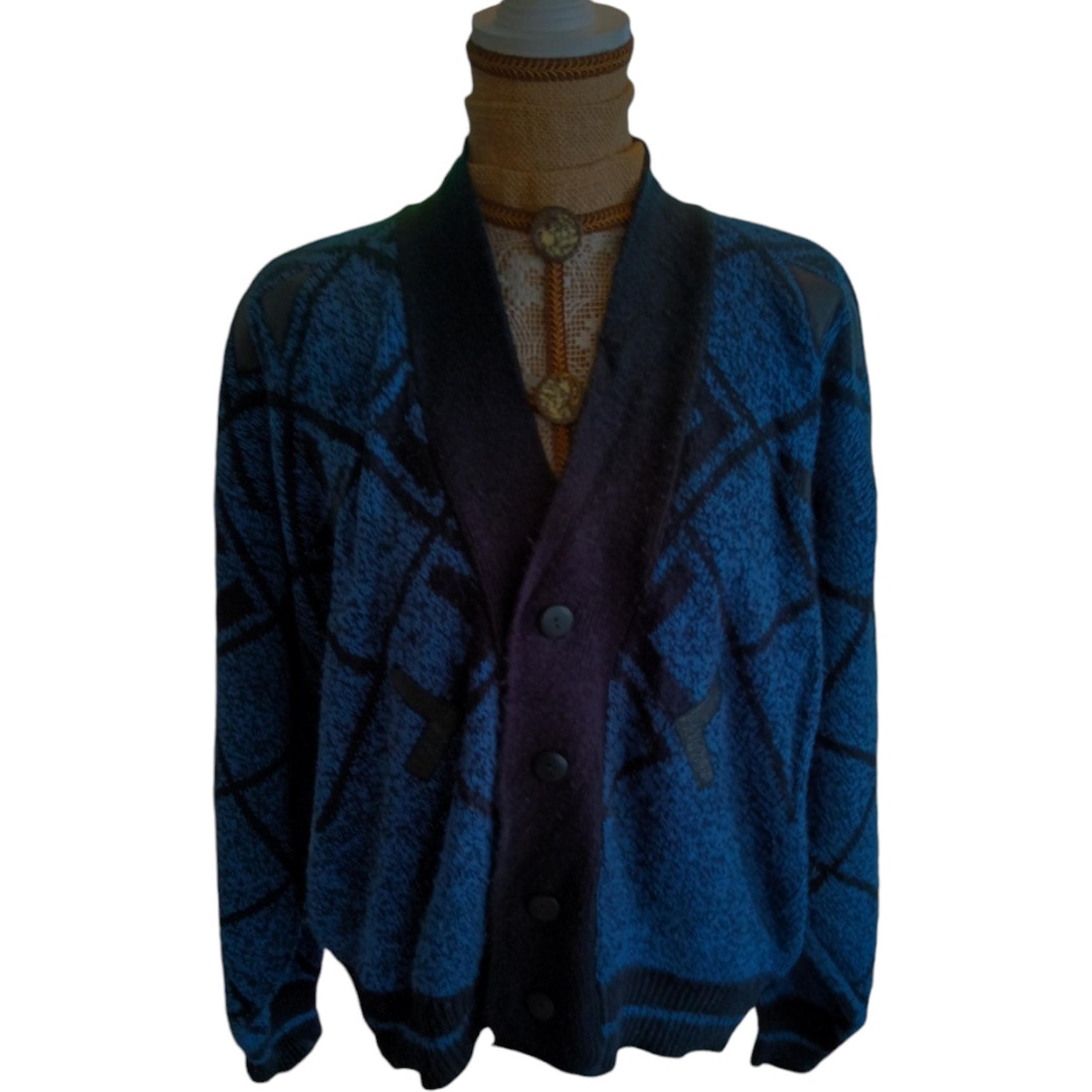 Vintage Sasson blue black diamond knit grandma button down cardigan size L