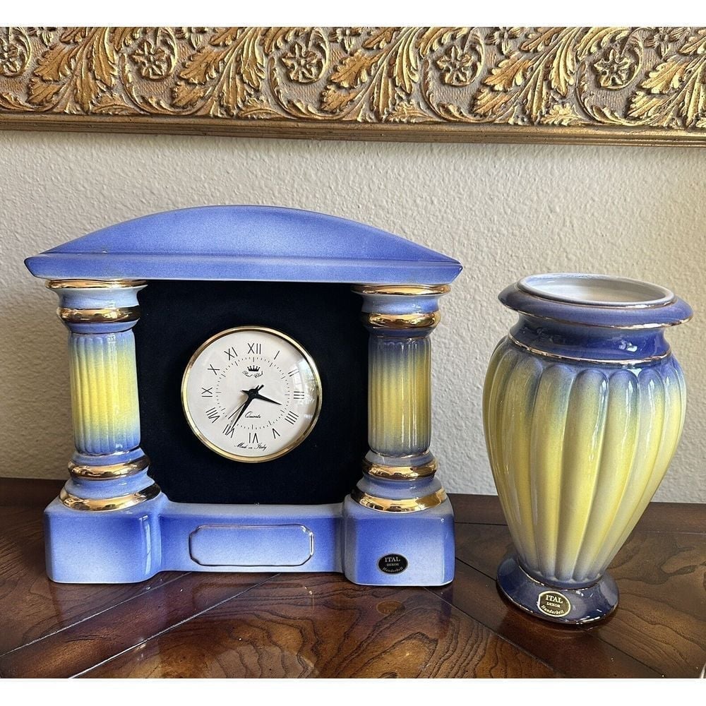 VTG Italian Mantle Clock Blue Yellow Gold Accent Vase Porcelain Works Video
