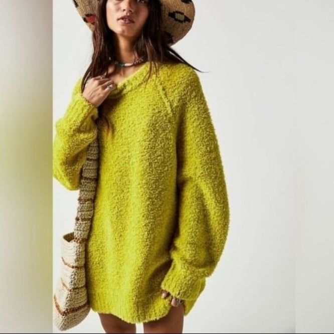 NWT Free People Teddy Sweater Tunic Green Longline Knit Cozy Oversized Sz S