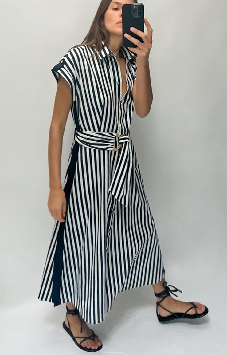 Zara STRIPED LINEN BLEND MIDI DRESS