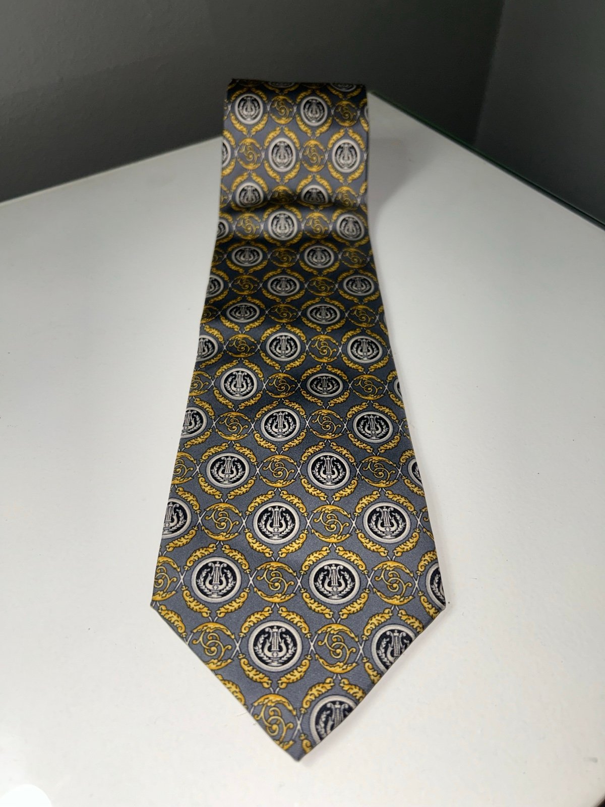 Vintage Fendi Gray & Gold Patterned Men's Silk Tie