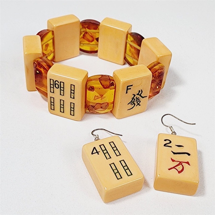 Vintage Mahjong Tile Bakelite Bracelet & Earrings Set Orange Yellow Bamboo Bird