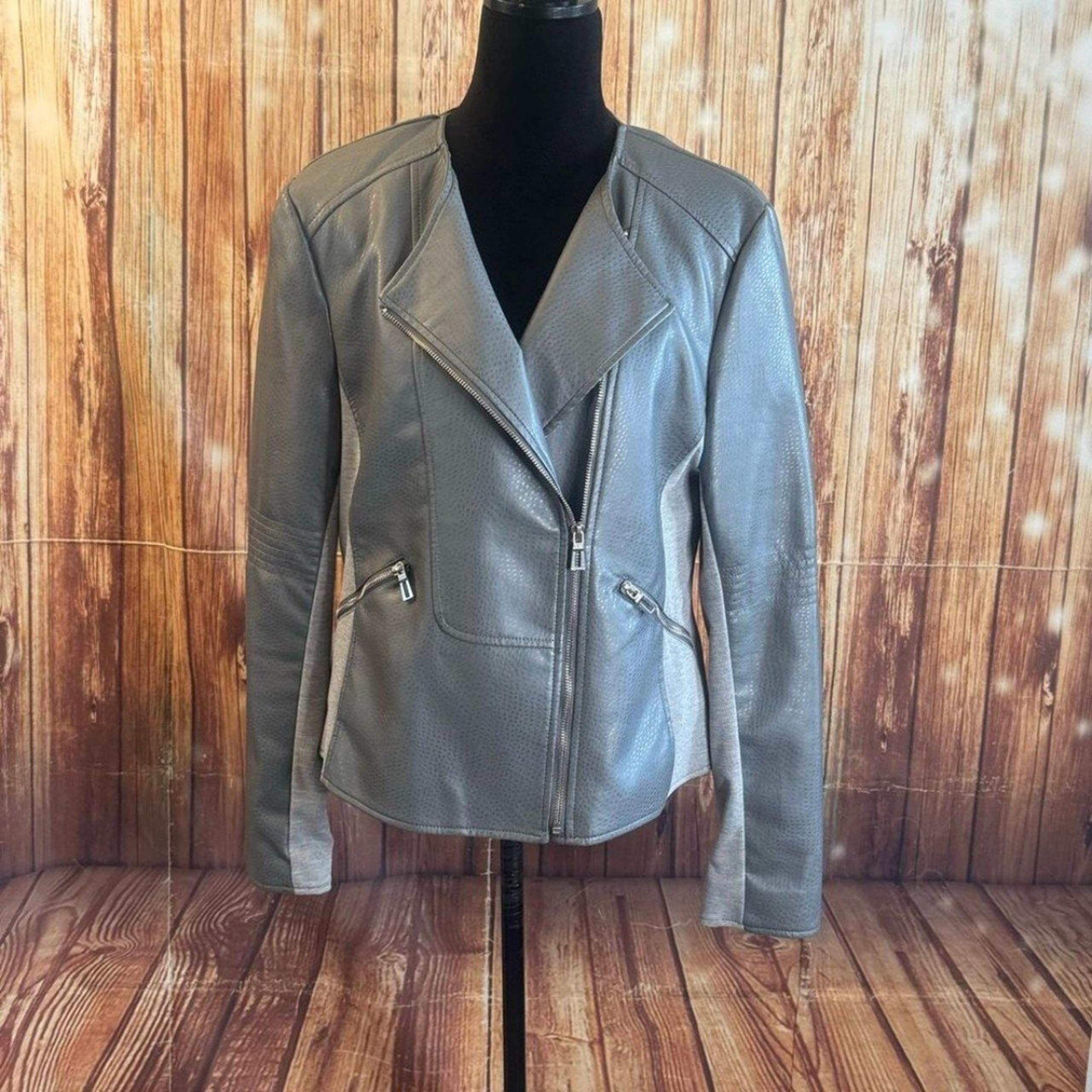 Via Spiga Women’s Floral Lining Gray Faux Leather Moto Jacket Full Zipper Size L