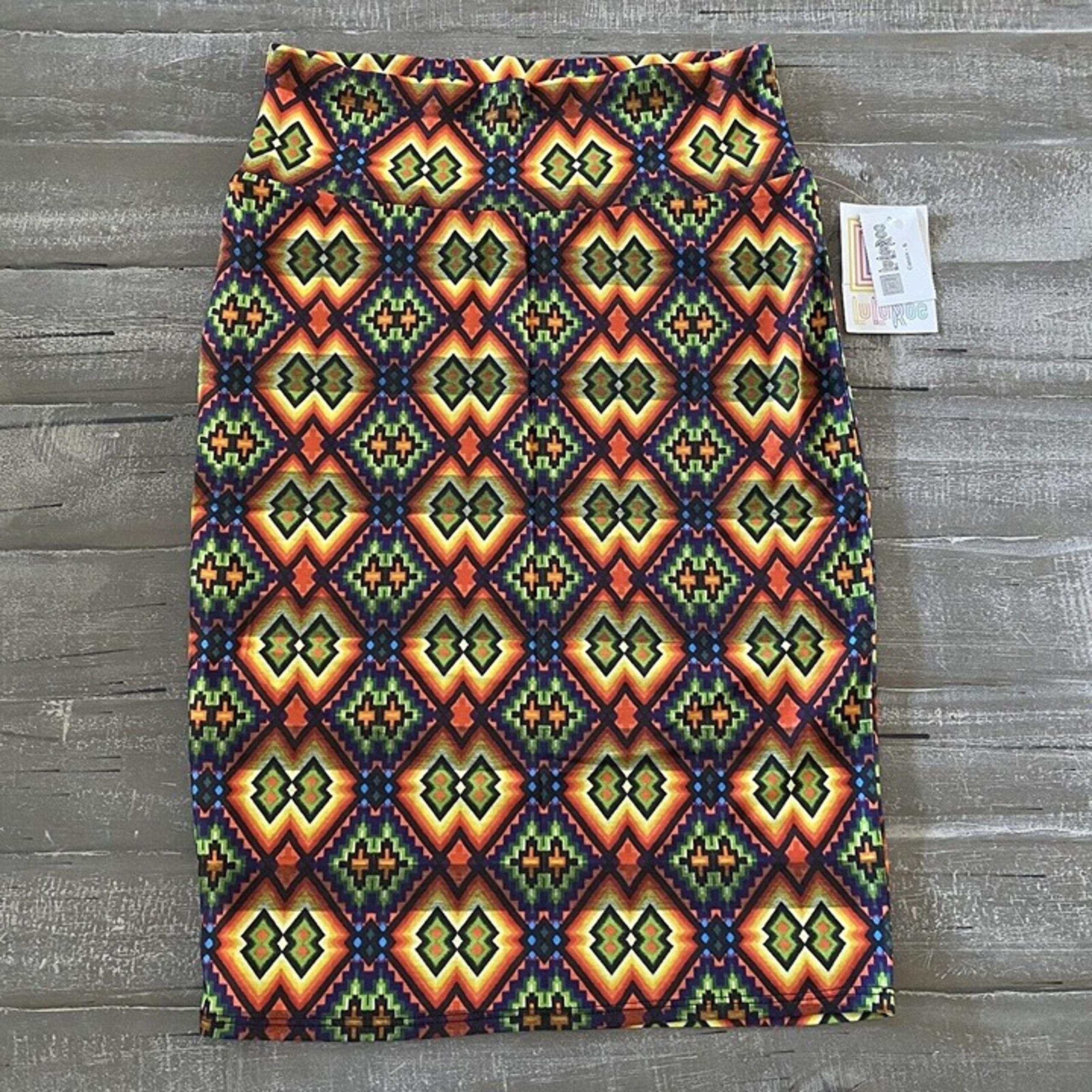 LuLaRoe Skirt Women’s Small Orange Green Purple Cassie Pencil Tribal Print New