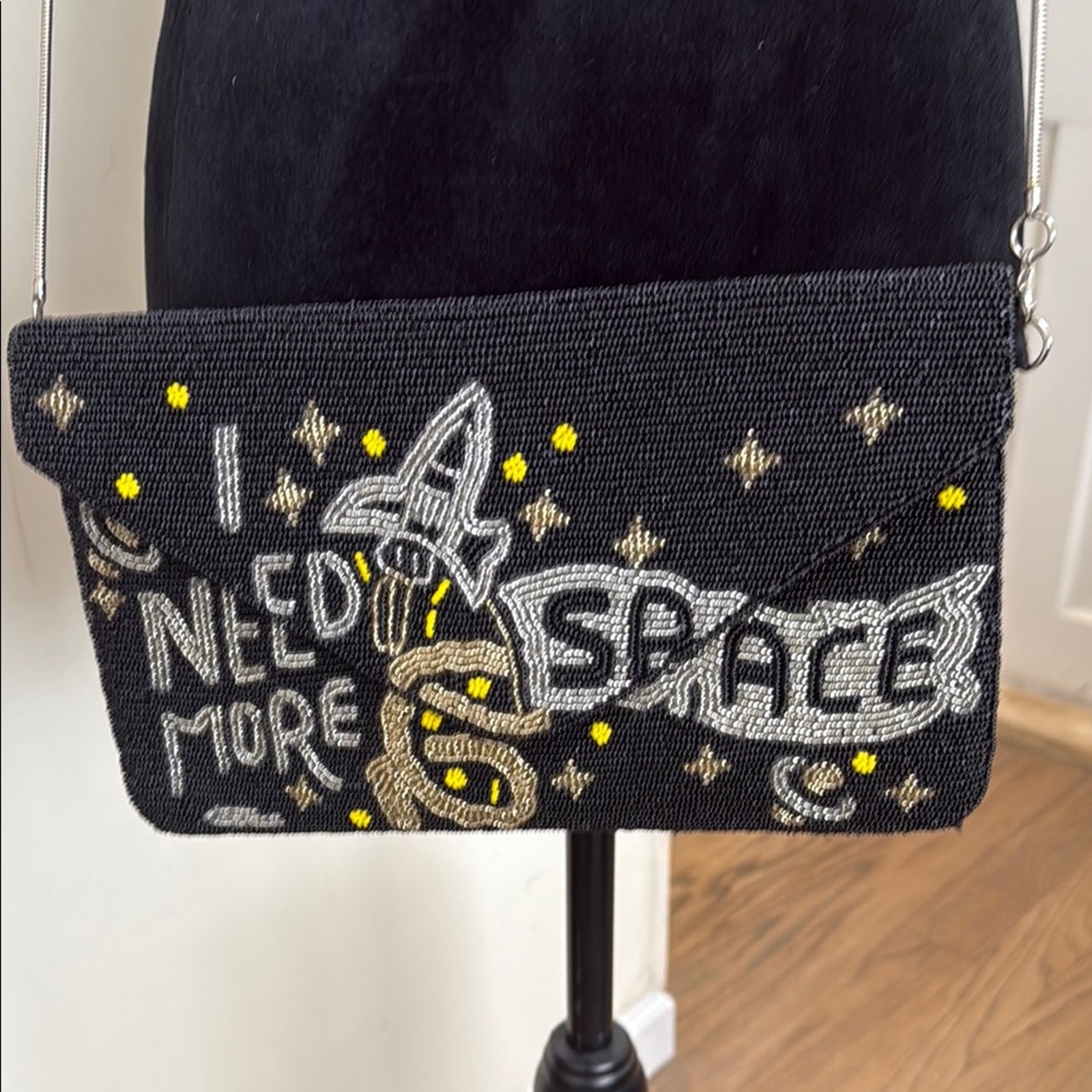 Ricki Designs California Black Beaded “I Need More Space” Clutch/Crossbody