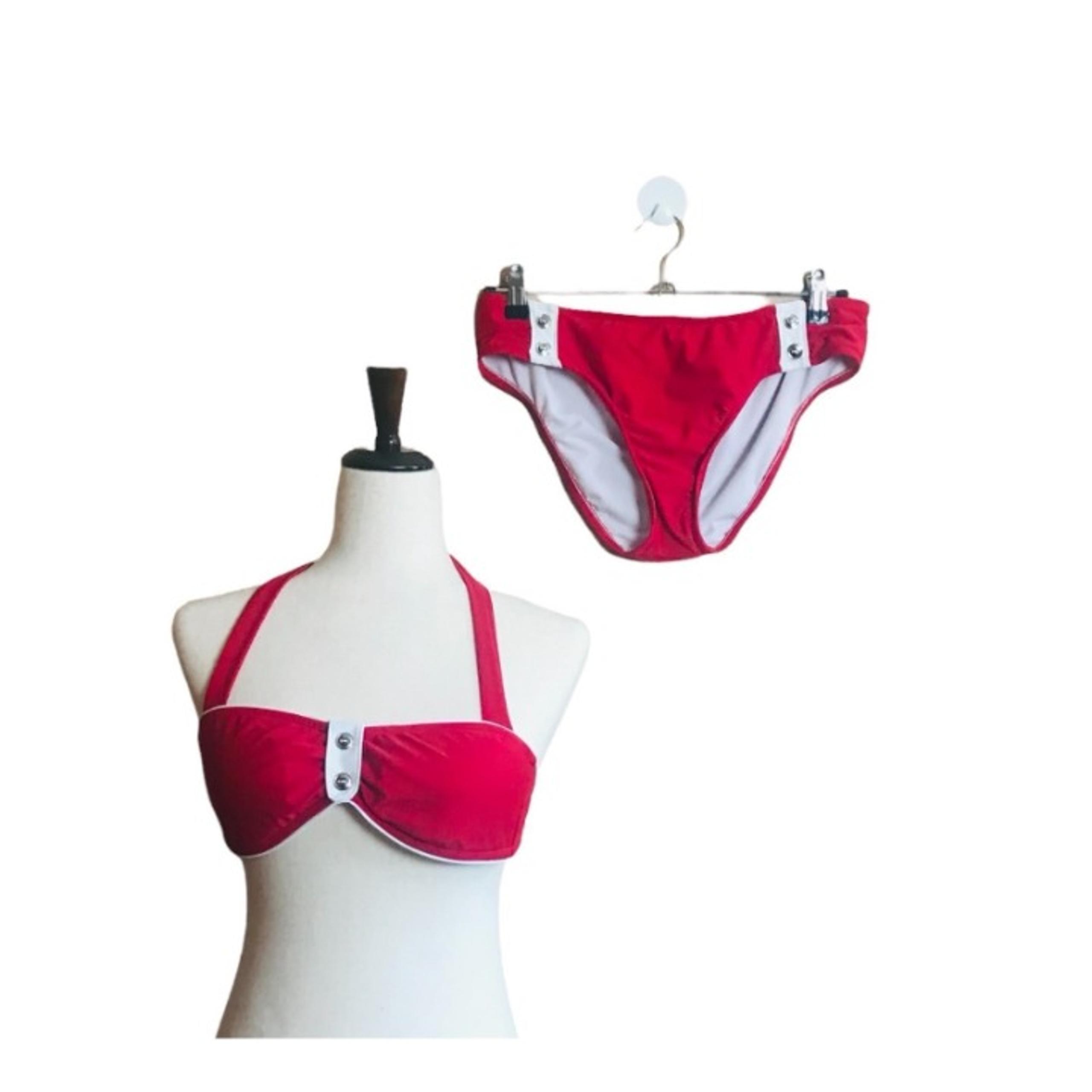 VM Bikini Women Medium Top Large Bottoms Red Silver Button Detail